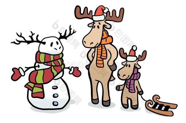 鹿采用圣诞节帽子和领<strong>带</strong>.<strong>爸爸</strong>和儿子使一snowm一n.