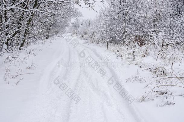 风景和下雪的地球路向关于小的乌克兰人村民