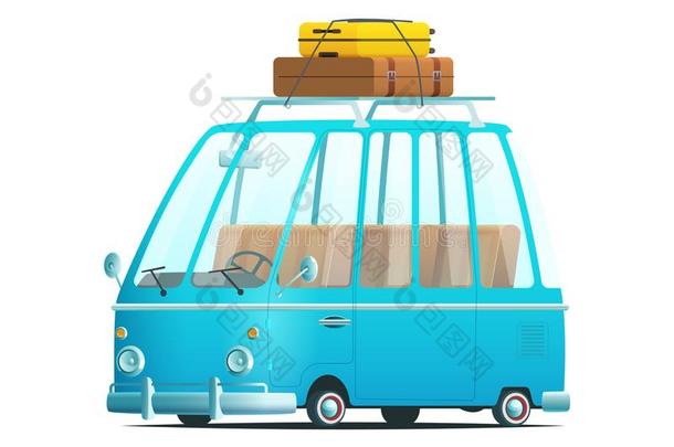 假日漫画旅行公共汽车和行李向指已提到的人屋顶.