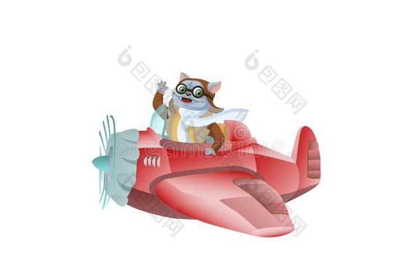 漂亮的有趣的动物飞行员字符飞行的向飞机-猫和