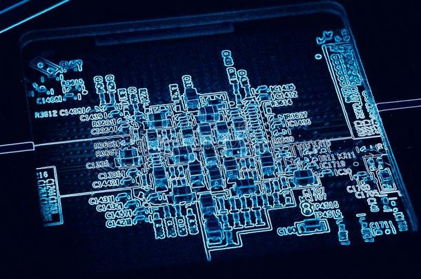 电子的印刷的电路板,蓝色数字的背景关于generalcessorunit通用处理器