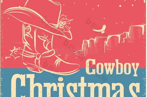 牛仔制动火箭圣诞节卡片和西方的鞋和西方的帽子