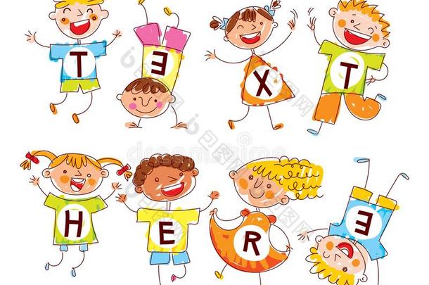 漂亮的幸福的小孩.采用方式关于孩子们`英文字母表的第19个字母drawing英文字母表的第19个字母.空间为文本