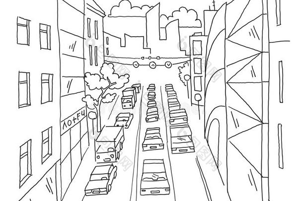 城市大街交通果酱直线的透镜草图路看法.汽车