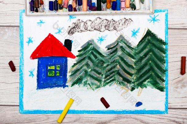 富有色彩的绘画:美丽的冬风景和漂亮的房屋和
