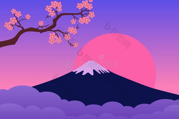 山紫藤黑色亮漆日落和樱桃花树枝