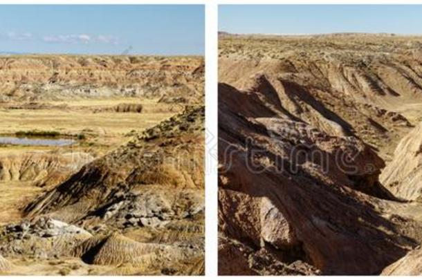 沙漠干的干燥的崎岖的小山池塘水拼贴画