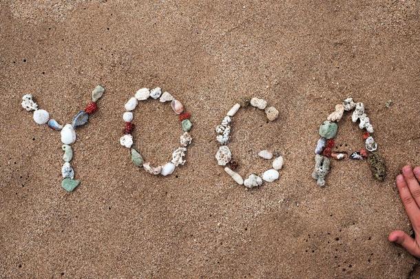 文字和壳文本瑜伽向海滩