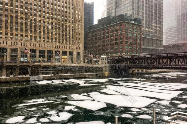 冷冻的厚厚的一块关于冰不固定的向芝加哥河在的时候雪暴风雨