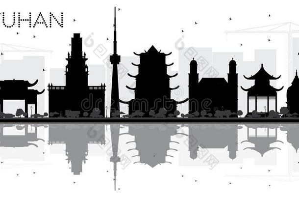 武<strong>汉中</strong>国城市地平线黑的和白色的轮廓和反射