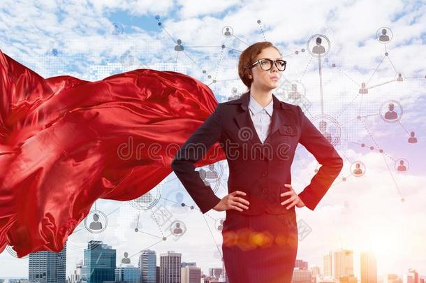 观念关于动力和成功和女商人超级英雄采用大的