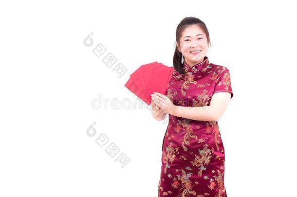 美丽的亚洲人女人穿着<strong>旗袍</strong>向白色的背景.霍蒂