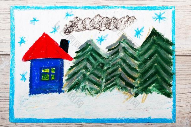 富有色彩的绘画:美丽的冬风景和漂亮的房屋和
