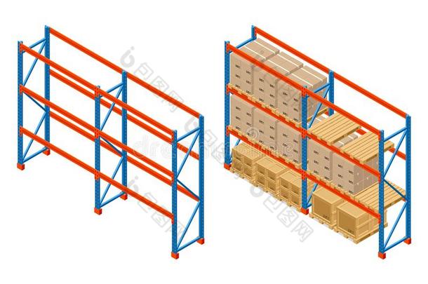 等大的仓库架子和盒和空的架子.保管