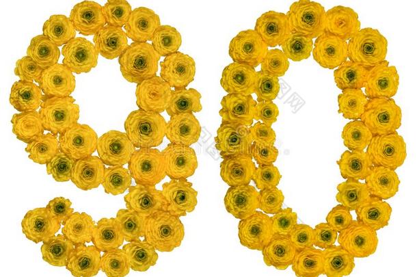 阿拉伯的数词90,num.九十,从黄色的花关于毛茛,isolation隔离