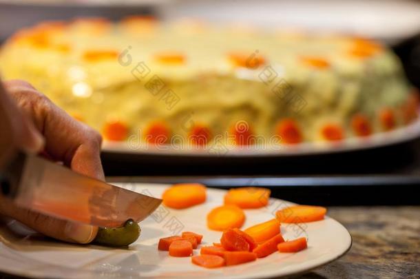 锋利的胡萝卜和腌食用小黄瓜为罗马尼亚人/俄国的牛肉沙拉