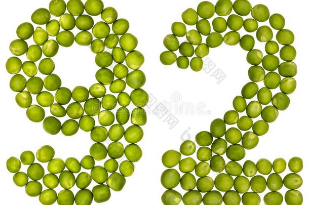 阿拉伯的数词92,num.九十两个,从绿色的豌豆,隔离的向极少的量