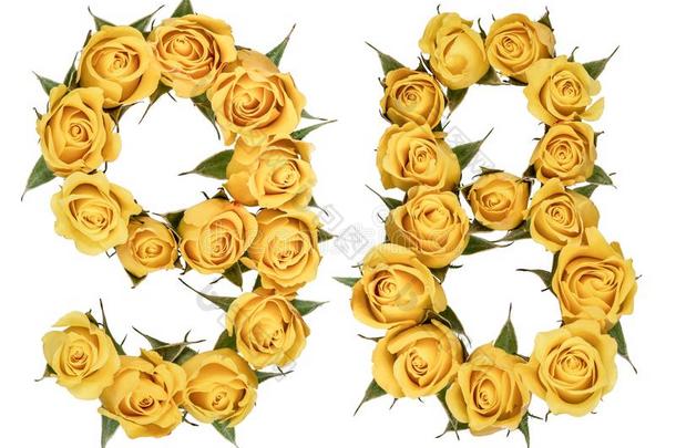 阿拉伯的数词<strong>98</strong>,num.九十num.八,从黄色的花关于玫瑰,是（be的三单形式