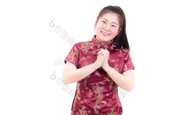 年幼的亚洲人女人使人疲乏的中国人衣服传统的<strong>旗</strong>袍winter冬天