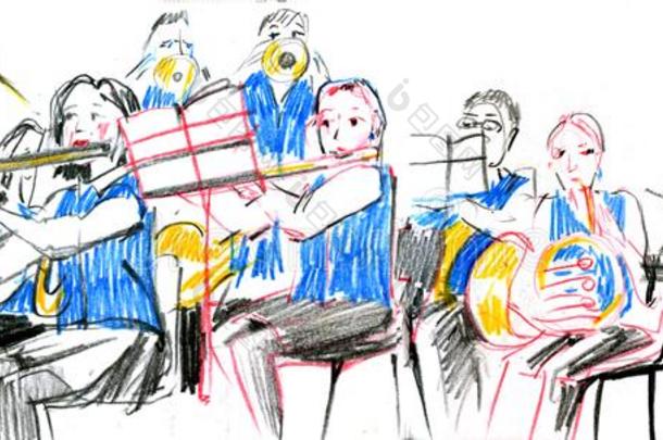 草图关于指已提到的人铜黄铜管弦乐队带音乐的仪器