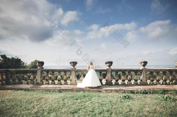 美丽的优美的新娘和完美的婚礼衣服和花束英语字母表的第16个字母