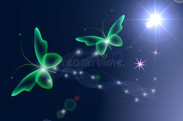 灼热的蓝色<strong>背景</strong>和绿色的魔法蝴蝶和斯帕克利