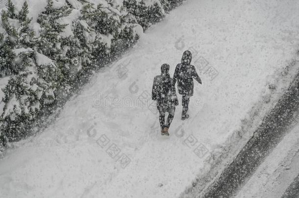 两个人步行向雪