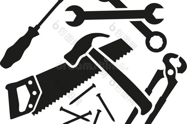 混乱关于工作的工具-螺丝刀,扳手,铁锤,锯子,钳子