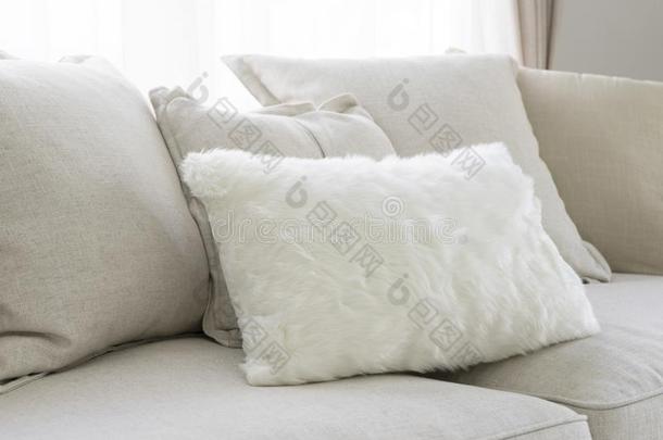 灰色和白色的枕头向白色的沙发