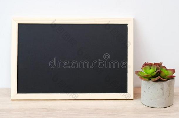 空白的黑板和多肉的植物st和ing向木材表弧点元