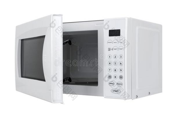 新的白色的微波烤箱隔离的向白色的背景
