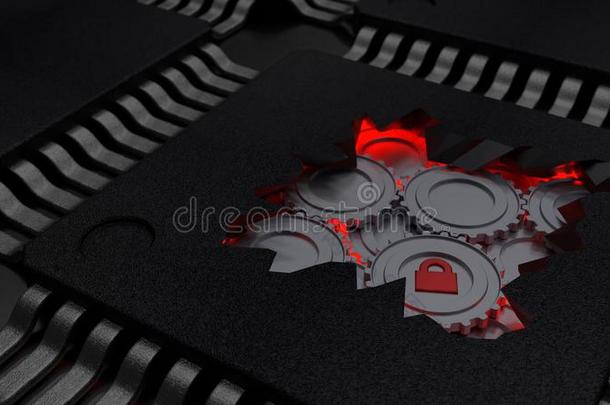 有裂缝的敞开的中央处理器显示红色的齿轮机制网络安全自负