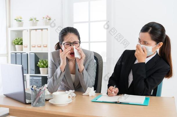 办公室工人女人打喷嚏在的时候会议
