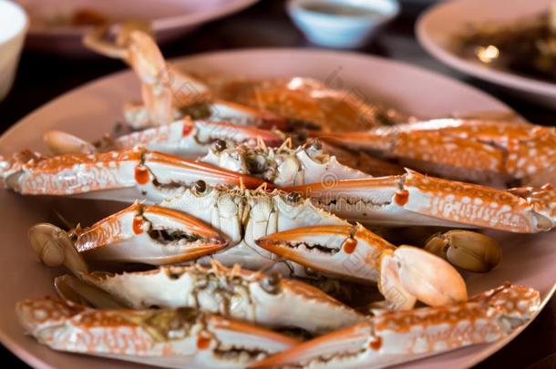 大的蒸熟的蟹和美味的海产食品调味汁