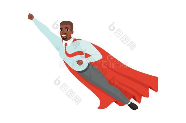 非洲式发型-美国人男人和超级英雄披风飞行的和手在上面.