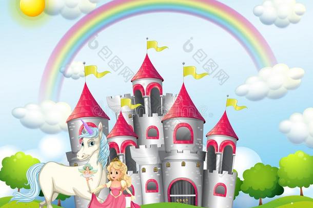 背景地点和公主和独角兽在粉红色的城堡