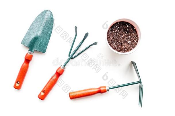 园艺工具:铁锹,餐叉,手中耕机,锄头向白色的背