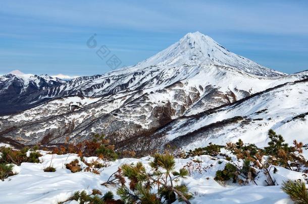 冬天的多山的风景-雪-脱帽致意圆锥体关于火山