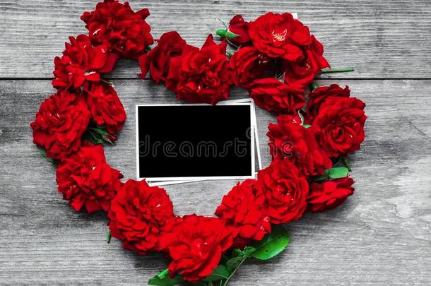 红色的玫瑰花心合适的和空白的照片框架向乡村的wickets三柱门