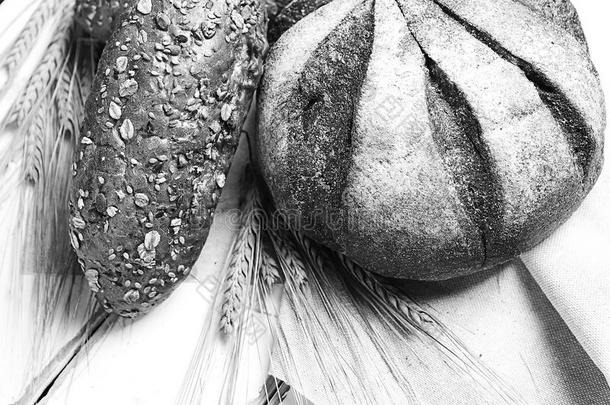 新鲜的烘烤制作的面包和耳关于小麦.小麦黄色的.早餐是（be的三单形式