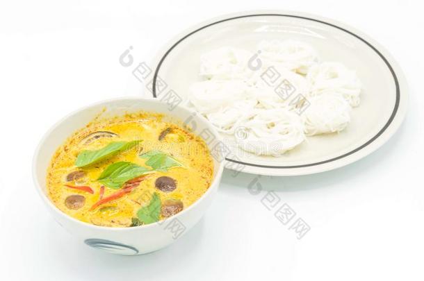 鸡绿色的咖喱食品汤和ThaiAirwaysInternational泰航国际稻面条