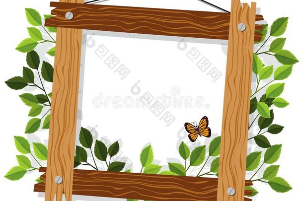 木制的框架和树叶和<strong>蝴蝶</strong>