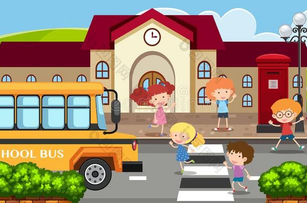 学校地点和孩子们和学校公共汽车