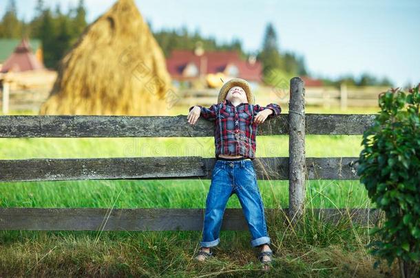 小的男孩坐向木制的栅栏反对美丽的干草堆