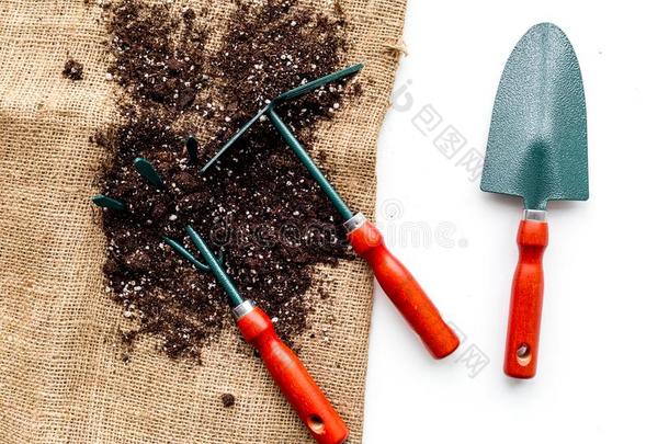 园艺工具:铁锹,餐叉,手中耕机,<strong>锄头</strong>向帆布和