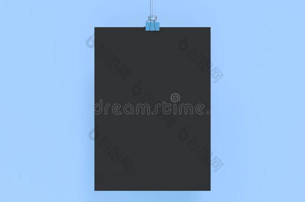 空白的黑的海报和包扎物夹子假雷达向蓝色背景
