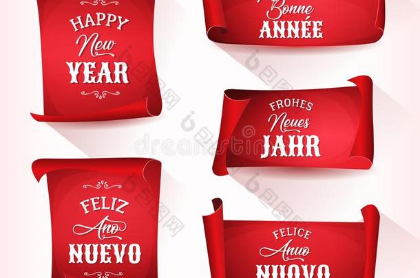 幸福的新的年采用多语文向红色的羊皮纸