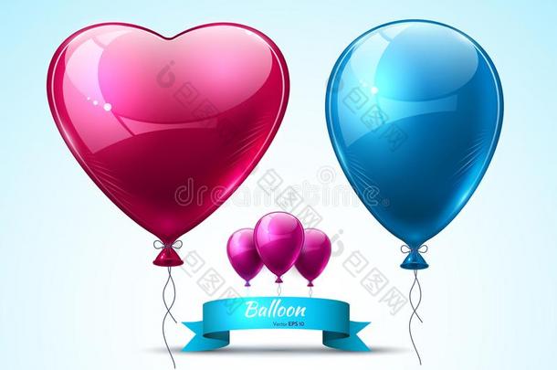 粉红色的和蓝色气球现实的矢量.心形状简易曲棍球棒代塔