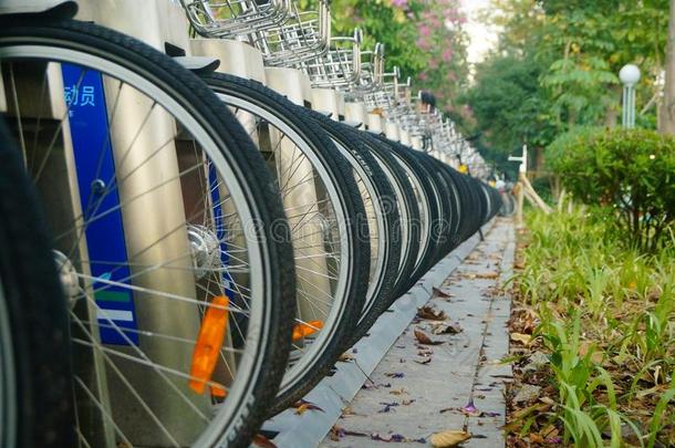 深圳,中国:行关于共享的自行车停泊的向指已提到的人人行道