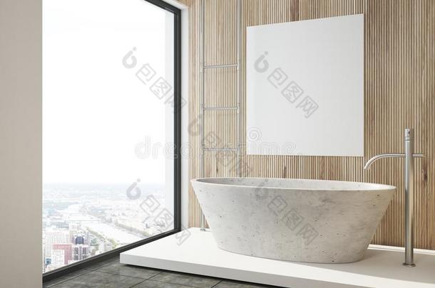 木制的浴室,澡盆和海报面